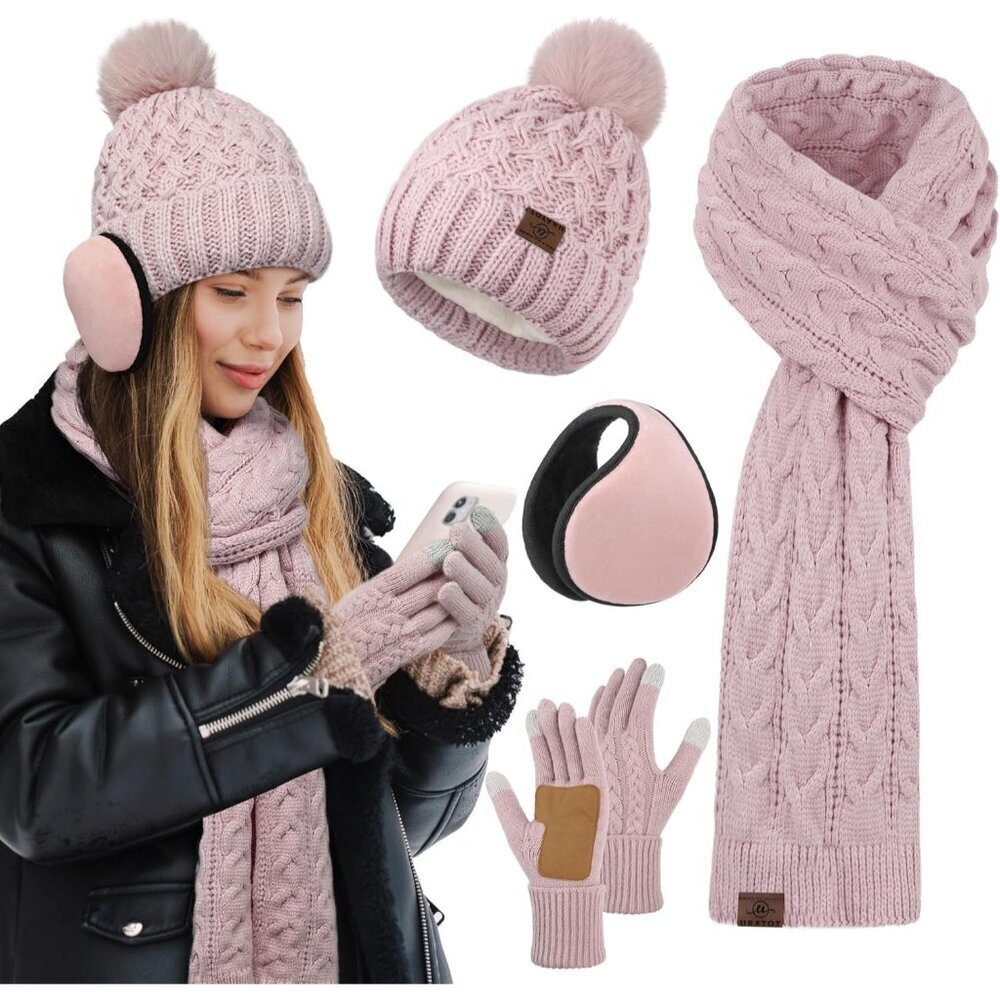 Women Winter Beanie Hat Scarf Gloves Ear Warmer 4-in-1 Set Knit Fleece